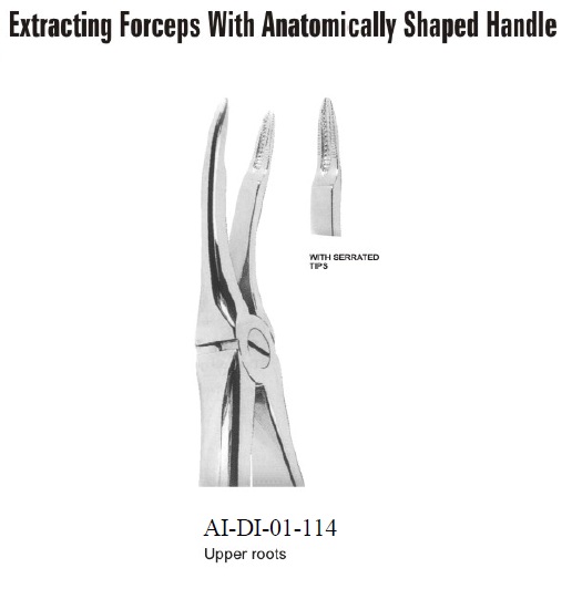 Extracting forceps upper roots with serrated tips anatomically shaped handle